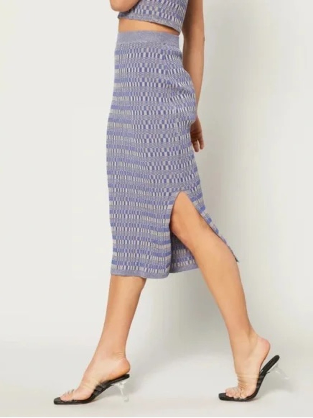 Current Air Tan-Blue Textured Knit Midi Skirt with Side Slit